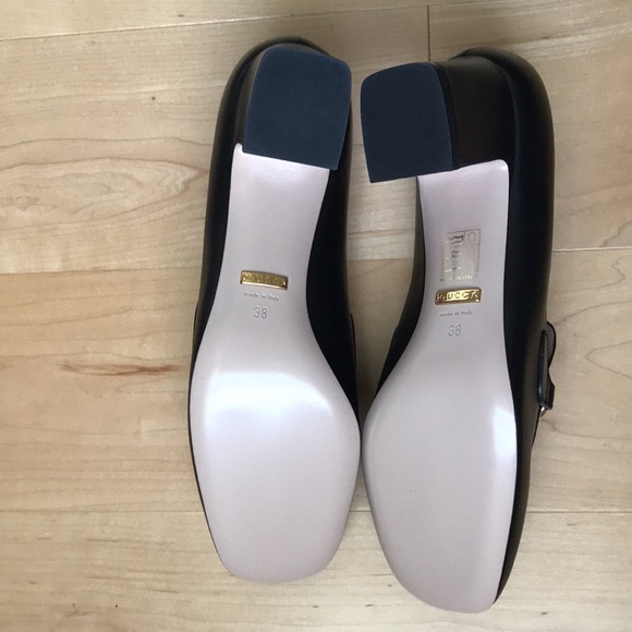 Gucci Zumi GG silver/gold Logo Black Leather Square Toe Mid Heel Loafers Pumps - Picture 3 of 6